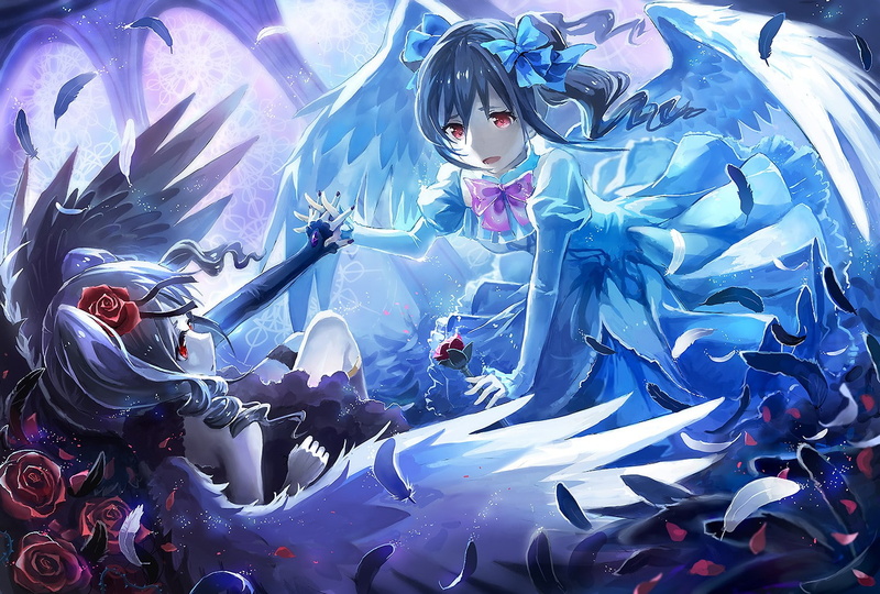THE iDOLM@STER: Cinderella Girls, red eyes, ribbon, 720P, anime, anime girls, headband, twintails, dress, Ogata Chieri, long hair, flowers, wings, feathers