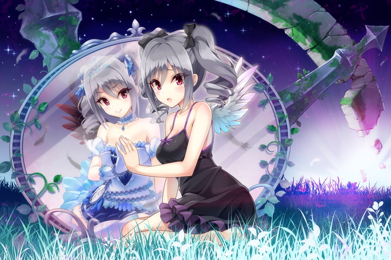starry sky, alter ego, 1080P, two tails, wings, in the grass, Kanzaki Ranko, black dress, Idolmaster: Cinderella Girls, the idolm @ ster: girls-Cinderella