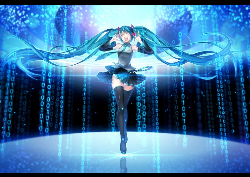 Hatsune Miku, women, digital composite, twintails, motion, closed eyes, young adult, studio shot, illuminated, adult, indoors, young women, full length