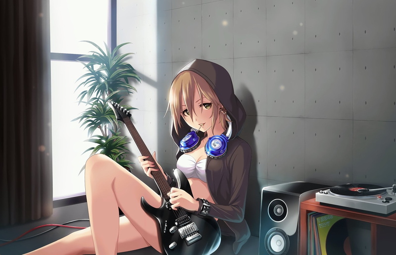 beautiful woman, plant, sitting, holding, Anime, technology, 1080P, nature, indoors, casual clothing, Natsuki Kimura, home interior, front view, women
