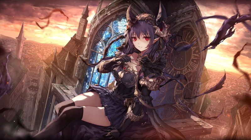 red, cape, eyes, thighhighs, sunset, original, cleavage, pointed, headdress, 720P, ears, jname, city, konachan, elbow, dress, 248649, horns, com, breasts
