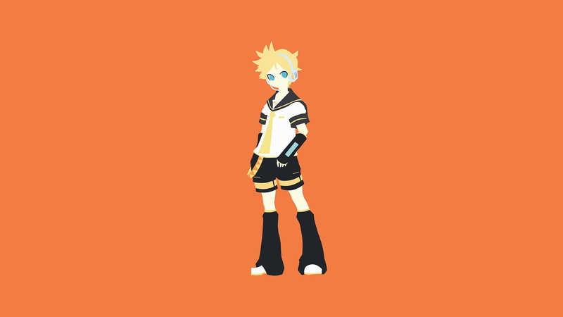 colored background, anime, full length, females, boys, headphones, copy space, clothing, orange background, simple background, shorts, fantasy, orange