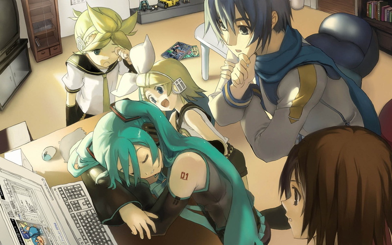 close-up, women, anime girls, road roller, Vocaloid, chair, choice, working, television sets, illuminated, human body part, indoors, Hatsune Miku, desk