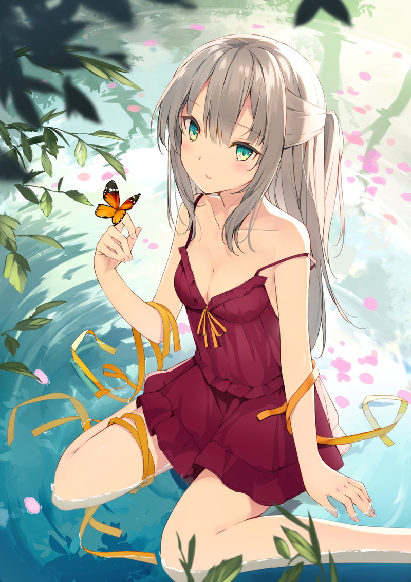 cleavage, illustration, reflection, white hair, original characters, drawing, artwork, long hair, 720P, anime girls, Ashima, looking at viewer, portrait display