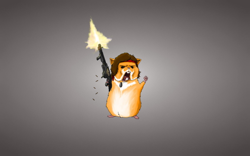 rodent, machine, Rambo, 1080P, Guinea pig, hamster, bullets, light background, minimalism, weapons, red armband
