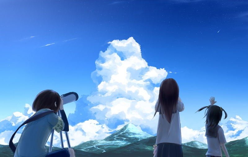 characters, black, skies, anime, short, long, girls, uniforms, clouds, back, armbands, skyscapes, original, ornaments, hair, mountains, scenic, schoolgirls