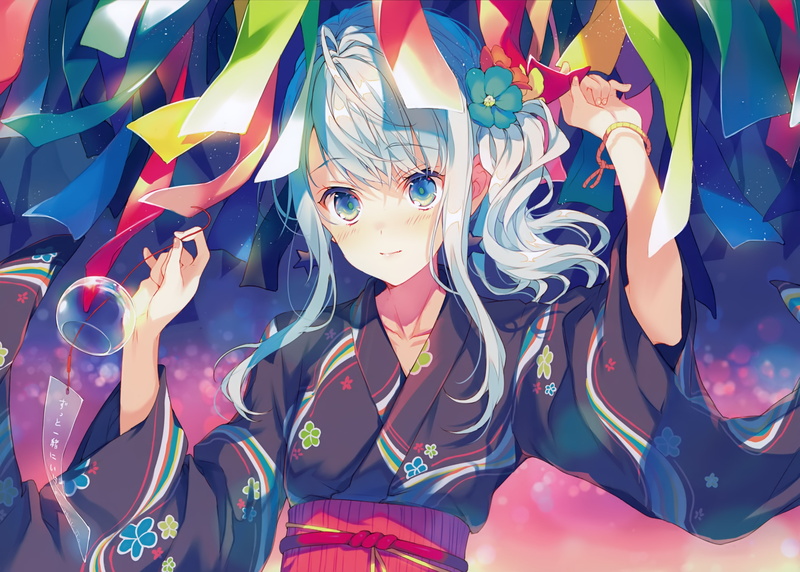 kimono, anime girl, Anime, 4K, cuffs, white hair