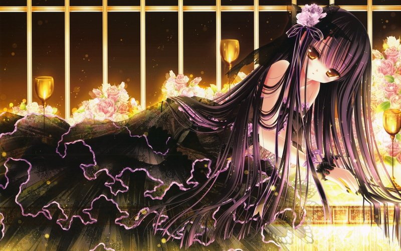 art, ribbons, nature, tinkerbell, black, cuff, tinkle, lolitas, illustrations, hd, 1080P, eyes, yellow, brunettes, dress, flowers