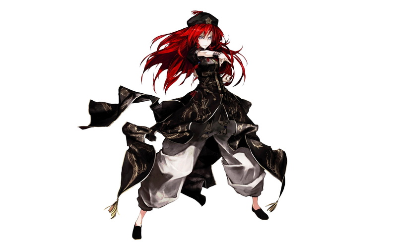 hair, touhou, dress, braids, k, hong, meiling, pants, art, video, hats, games, stars, 1080P, black, long, redheads, anime, Video Games, cuffs, akira, hd