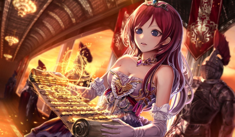 dress, original, gloves, jname, blue, armor, hair, cleavage, eyes, 720P, elbow, red