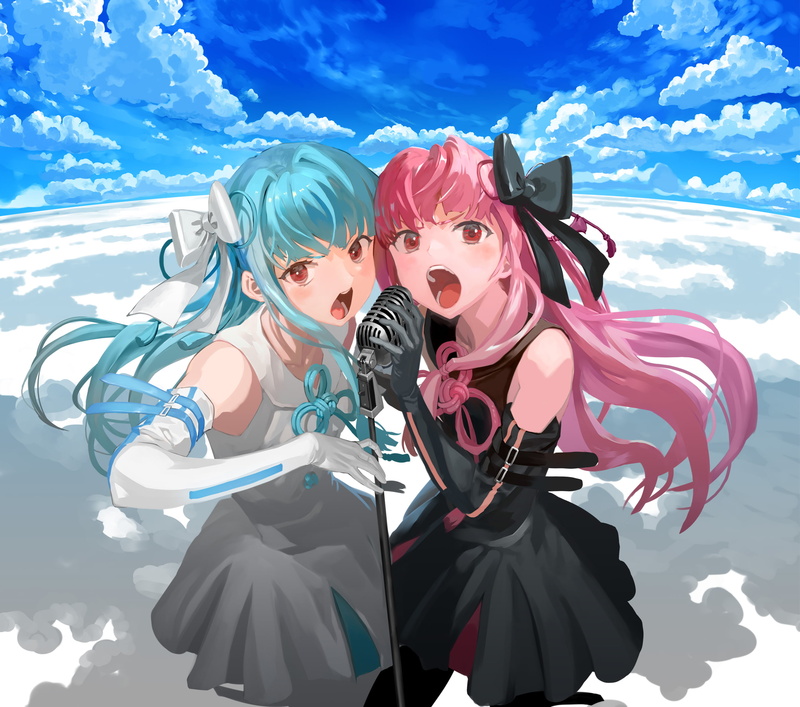 digital art, Kotonoha Akane, blue hair, 2K, anime, Biyonbiyon, pink hair, anime girls, Voiceroid, Kotonoha Aoi