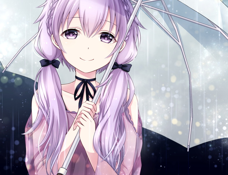 smile, 1080P, umbrella, yuzuki yukari, Anime, rain, vocaloid, purple hair