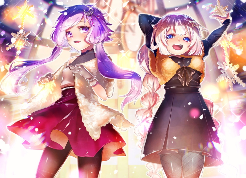 fashion, 720P, female likeness, shopping, retail display, vocaloid, snowflakes, male likeness, art and craft, kizuna akari, store, indoors, representation