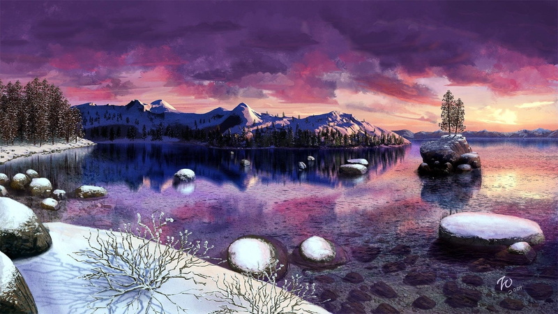 Artistic, Tree, Lakes, 1080P, Painting, Sunset, Snow, Lake Tahoe, Winter, Purple