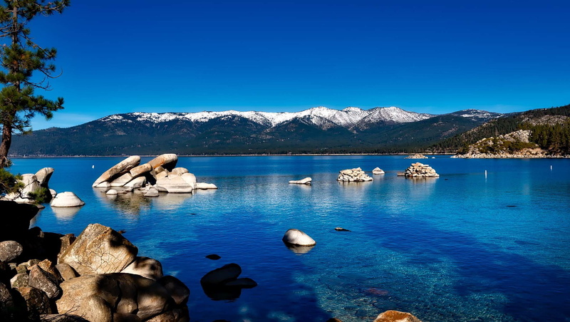 lake tahoe, shore, panorama, rock - object, hdr, solid, holiday, no people, outdoors, water, rock, idyllic, snowcapped mountain, 1080P, mountain, peaceful