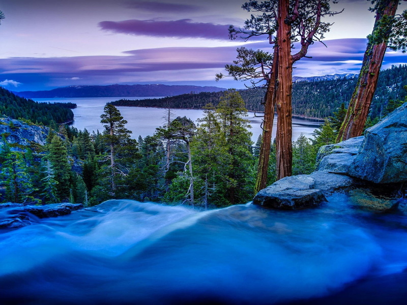tahoe, forest, twilight, river, state, exposure, america, lake, clouds, usa, waterfall, pines, emerald, trees, evening, united, sunset, landscape, bay