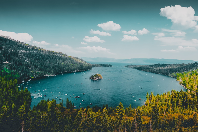 tranquil scene, fir, day, cloud - sky, abies, outdoor, promontory, landscape, emerald bay, high angle view, sky, beauty in nature, plant, shoreline, tranquility