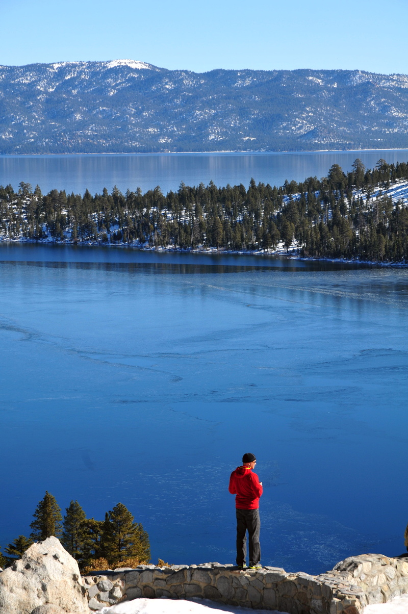 mountain, united states, lake, south lake tahoe, sky, tranquility, water, leisure activity, beauty in nature, lake tahoe, trees, blue, red jacket, full length