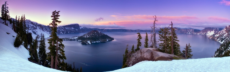 emerald, oregon, panorama, lake, crater, landscapes, trees, 4K, snow, water, bay
