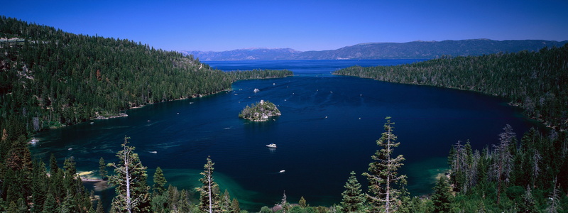 boats, nature, lakes, mountains, hd, 2K, x, w, islands, Landscapes, tahoe, art, lake, vehicles, bay, multiscreen, emerald, forest