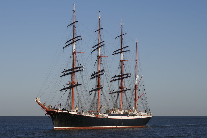ship, sea, water, the four-masted barque, horizon over water, sky, sail training ship sedov, mast, sailing vessel, 4K, transportation, sailboat, day, shipping