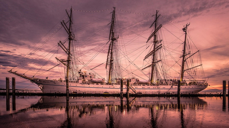 cloud - sky, sailboat, cloud, harbor, purple sky, reflection, sea, tall ship, east indiaman, brig, pole, sky, no people, ship, water, sunset, sailing ship