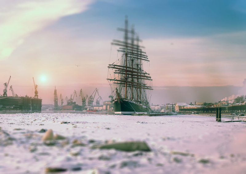 sea, brown, winter, surface level, scenics - nature, barque Sedov, sailboat, nautical vessel, selective focus, ship, architecture, industry, no people
