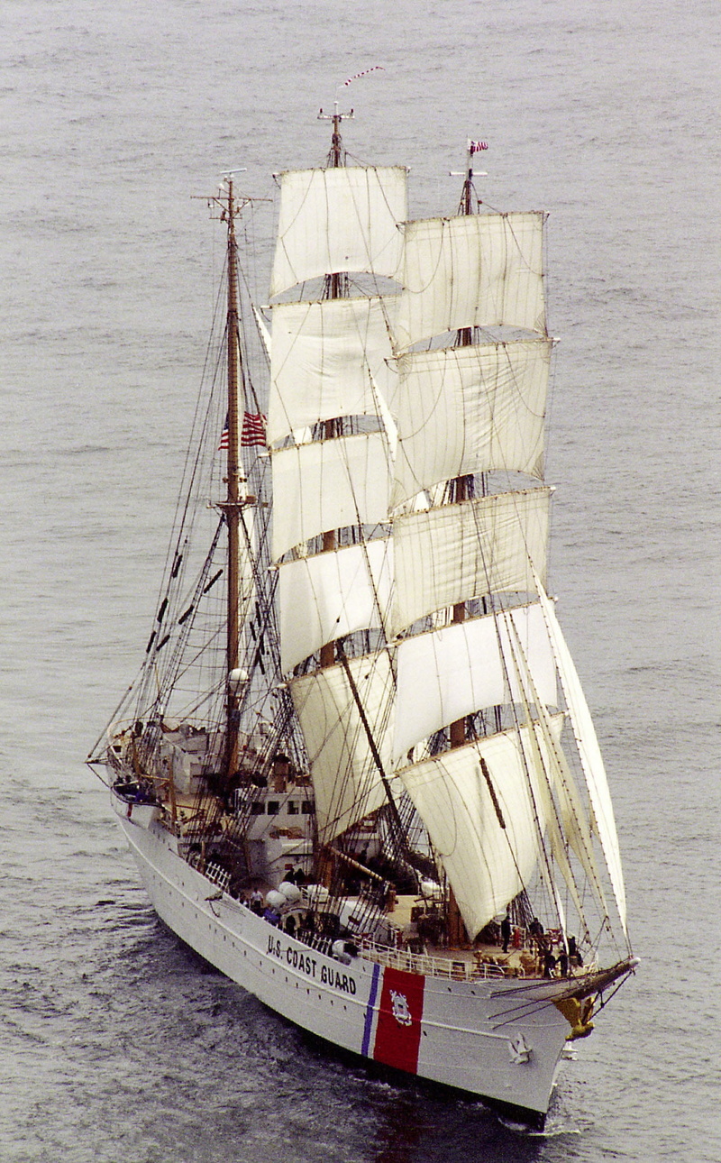 pole, ocean, no people, cutter, mode of transportation, transportation, sailing, waterfront, nautical Vessel, full sail, sailboat, barque, coast guard