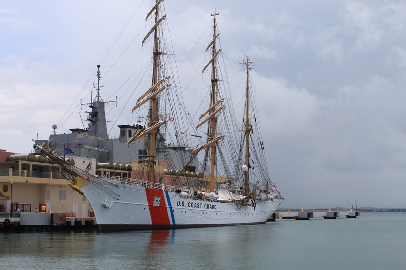 commercial dock, outdoors, white, training, cloud - sky, passenger craft, barque, harbor, water, sky, no people, sail, ocean, sailing ship, puerto rico