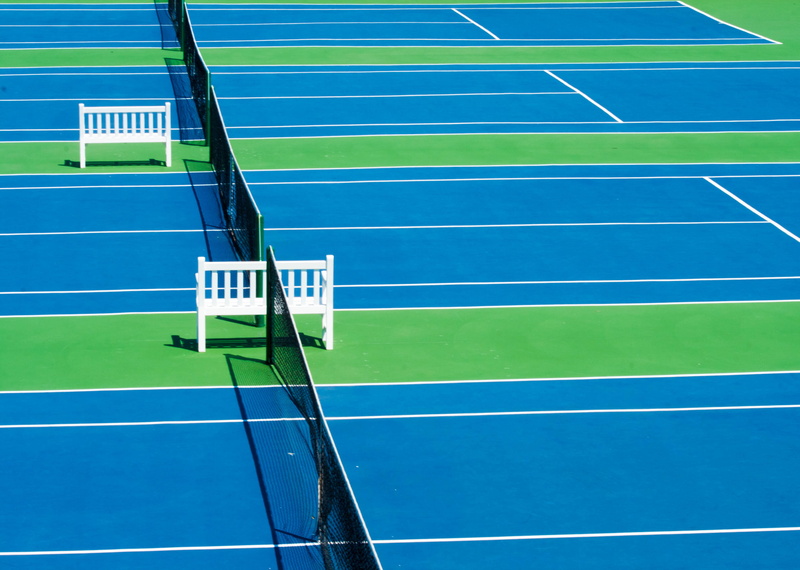 paint, photo, racket, high angle view, track and field, court, net, sunlight, sport, sports And Fitness, bench, floor, green, white color, tennis court