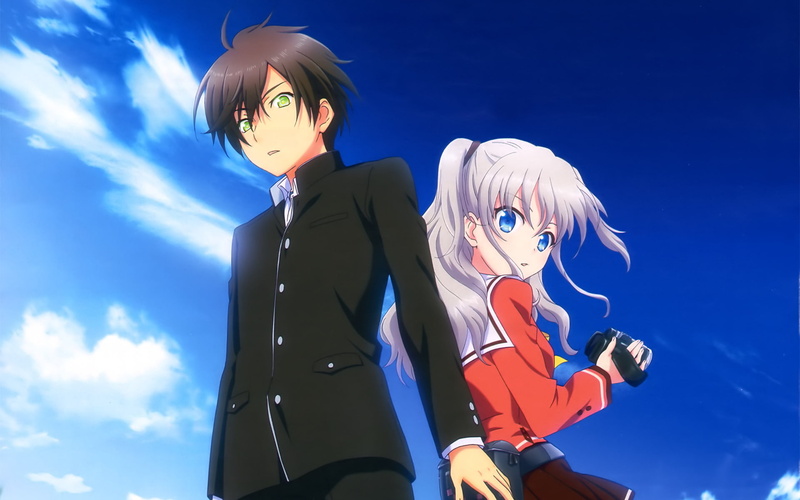 Camera, Sky, Long Hair, Charlotte (Anime), Nao Tomori, Anime, 1080P, Charlotte, Yū Otosaka, White Hair, School Uniform, Brown Hair, Cloud, Green Eyes