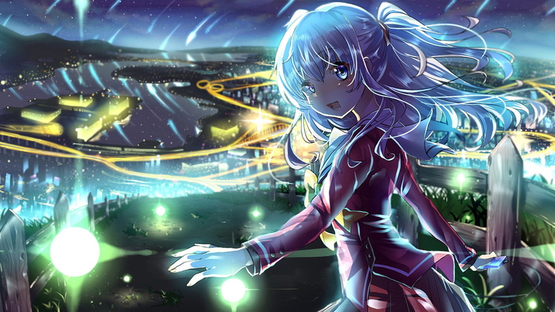 Anime, young adult, multi colored, young women, females, connection, Charlotte (Anime), 1080P, illustration, School Uniform, night, glowing, illuminated