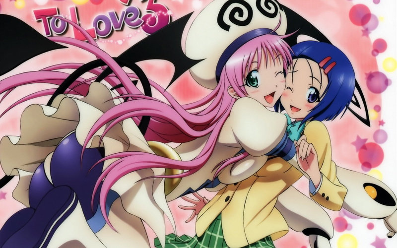Anime, Haruna Sairenji, To Love-Ru, Wink, 1080P, Green Eyes, School Uniform, Short Hair, Lala Satalin Deviluke, Tail, Long Hair, Purple Hair, Purple Eyes