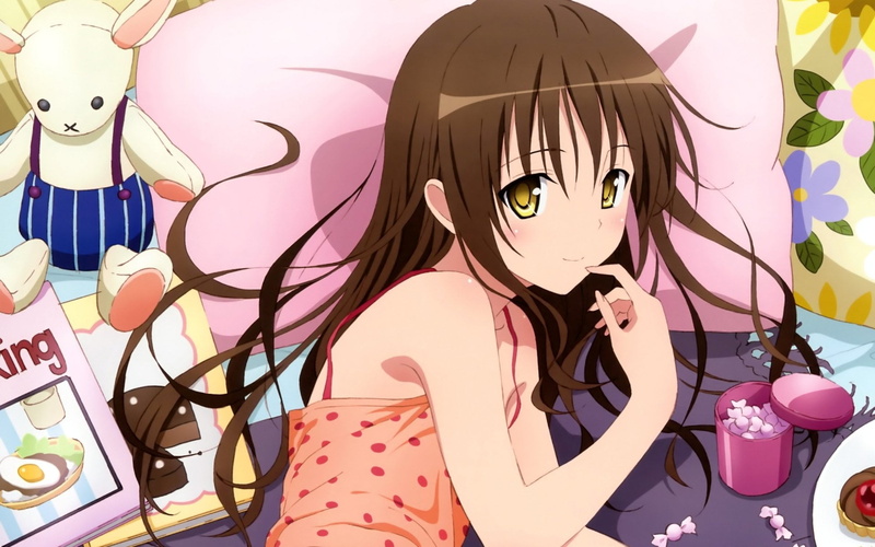 casual clothing, To Love-Ru, mask, real people, indoors, celebration, one person, Bleached Eyes, Long Hair, hairstyle, Brown Hair, art and craft, Pillow