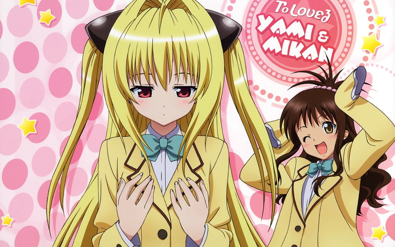 2K, hair, darkness, golden, brown, love, uniforms, yuuki, anime, brunettes, mikan, ornaments, girls, eyes, school, long, red, blondes