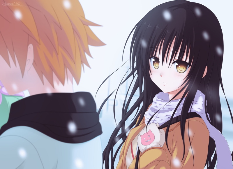 love, scarf, yellow, eyes, long, snow, darkness, kotegawa, yuuki, yui, 720P, rito, black, gloves, hair