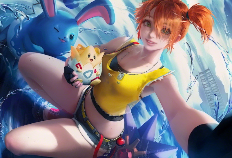 720P, thighs, short shorts, misty (pokemon), jean shorts, smiling, Pokémon, Sakimichan, anime girls