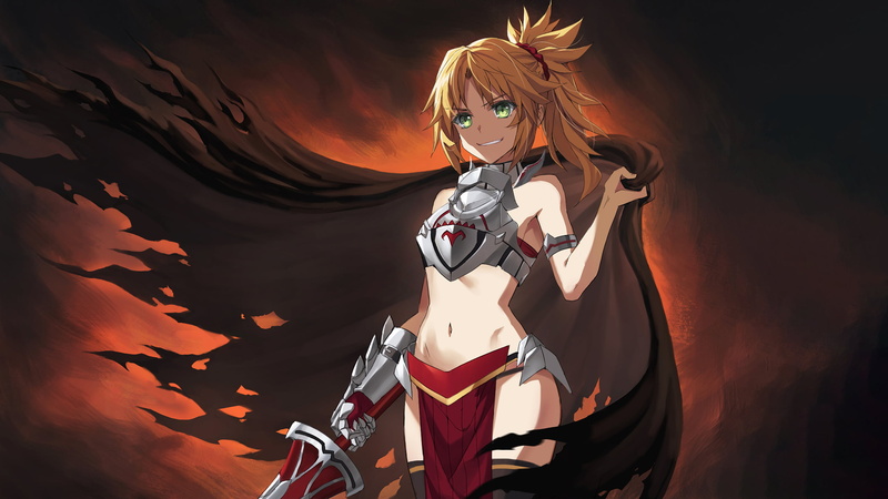 anime girls, Mordred (Fate/Apocrypha), thigh-highs, black legwear, ponytail, 2K, knight, anime, cape, Fate/Apocrypha, belly, Fate Series, Tonee, sword
