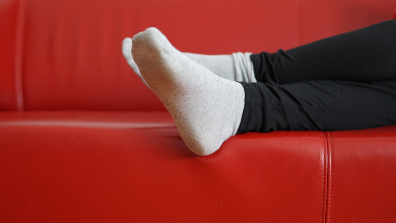 couch, 5K, feet crossed, socks, red couch, short socks, white socks, black legwear, foot sole, leather couch, feet