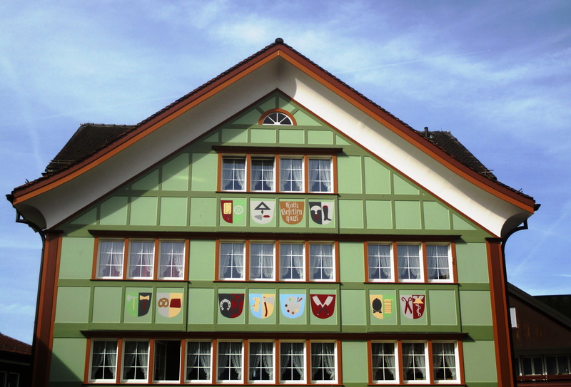 residential district, building exterior, multi colored, architecture, sky, switzerland, city, education, Appenzell, day, blue, built structure, canton of appenzell innerrhoden