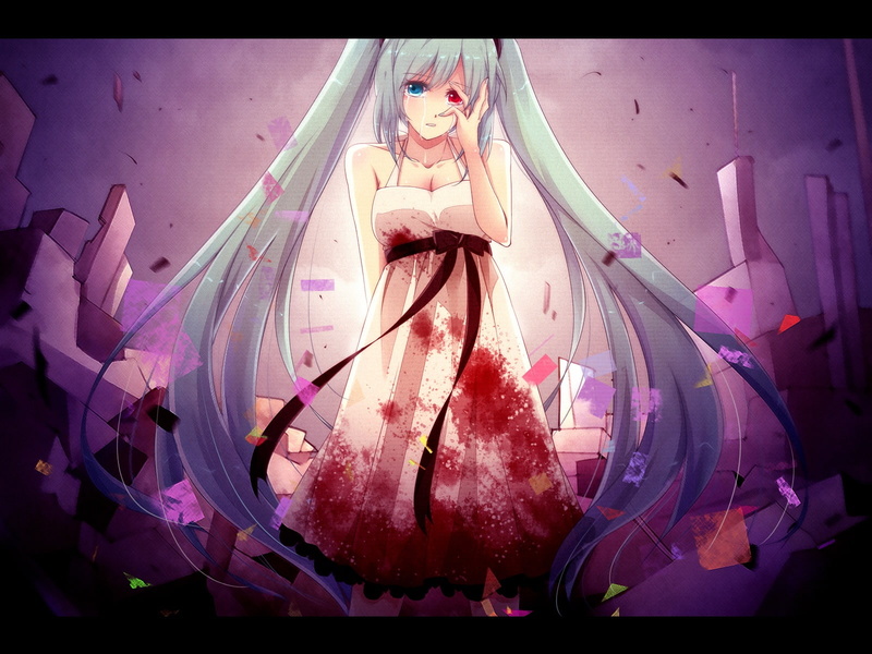 tears, miku, eyes, 720P, hatsune, kura, blood, vocaloid, izayoi, bicolored, dress