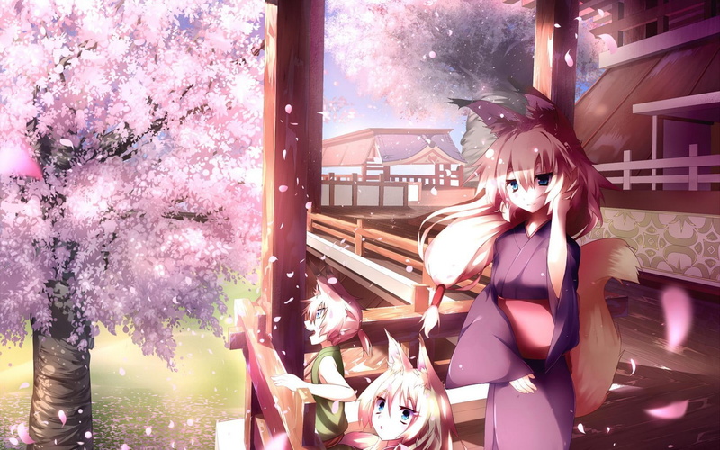 cherry blossom, tree, anime girls, standing, people, beautiful woman, lifestyles, leisure activity, three quarter length, mask, young adult, plant, inumimi