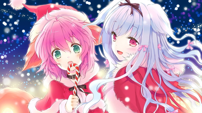 event, dog girls, Christmas, holiday, long hair, illuminated, open mouth, outdoors, inumimi, celebration, animal ears, decoration, looking at viewer, craft