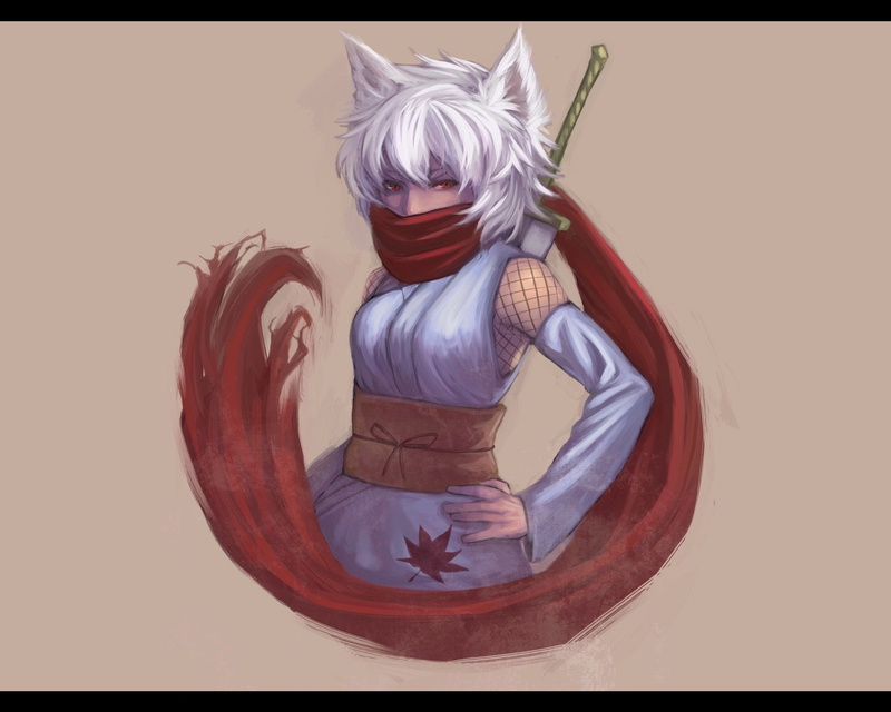 gray, animal, momiji, eyes, weapons, japanese, sleeves, white, scarfs, ears, anime, games, swords, inubashiri, background, inumimi, hair, short, video