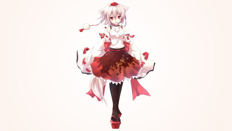 short hair, Touhou, simple background, animal ears, Japanese clothes, white hair, tail, red eyes, anime girls, traditional clothing, hat, Inubashiri Momiji