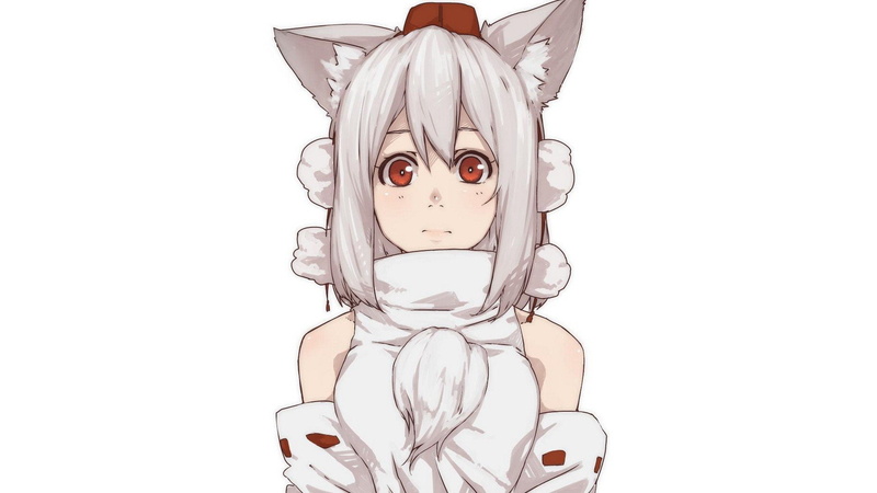 White Hair, Anime Girls, 1080P, touhou, Bangs, Detached Sleeves, Red Eyes, White Background, Long Hair, Animal Ears, Dog Girls, Bare Shoulders, Simple Background
