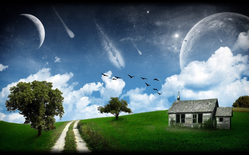 House, Meteorite, Fantasy, Field, Planet, Bird, A Dreamy World, 1080P, Grass, Path, Earth, Tree