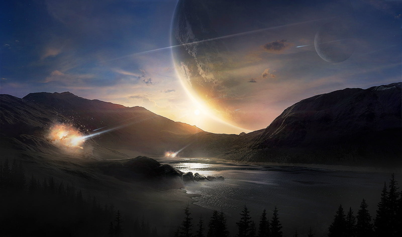 sky, science fiction, meteorite, mist, water, landscape, planet, trees, Moon, 720P