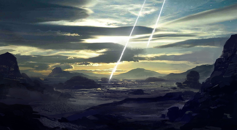 blow, meteorite, art, 1080P, home, buildings, rocks, rays, clouds