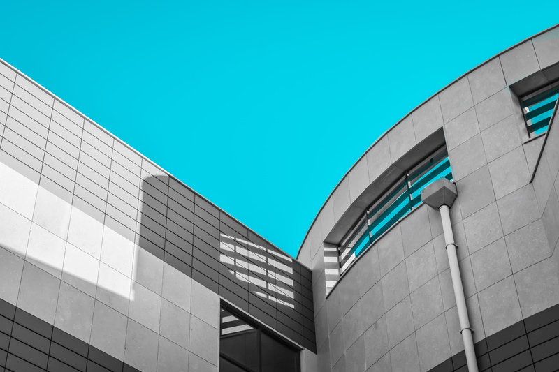 blue, day, pattern, sky, glass - material, copy space, 5K, wall - building feature, building exterior, nature, clear sky, reflection, office, material